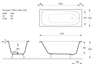 Ванна чугунная Vinsent Veron Aura VAU1707542H 170x75см с отверстиями для ручек